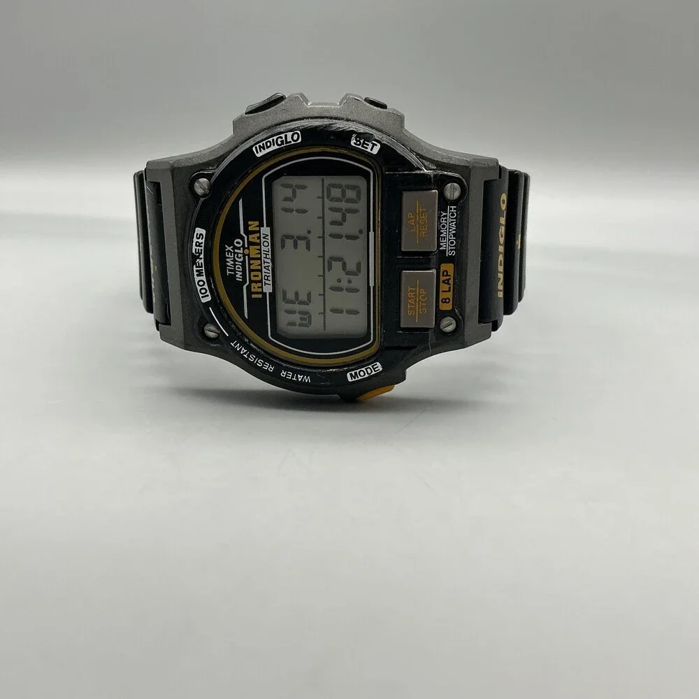 Vintage Timex Ironman Indiglo Mens Watch 39mm Black 8 Lap Alarm 100M Triathlon